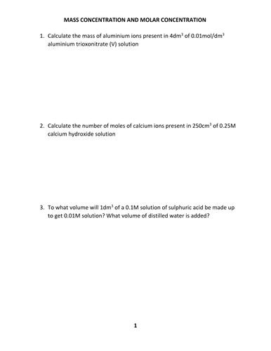 CONCENTRATION WORKSHEET WITH ANSWER