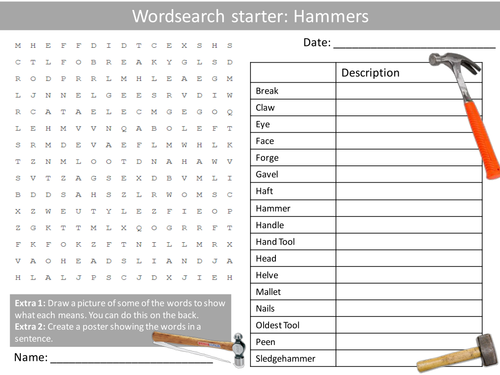 Design Technology Tools Hammers KS3 GCSE Wordsearch Crossword Alphabet Keyword Starter Cover