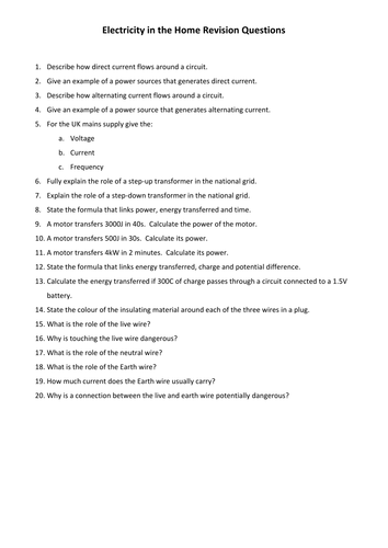 Electricity in the Home Revision Mat & Questions