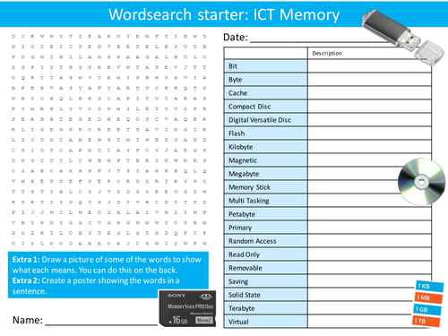 ICT Computing Memory & Storage KS3 GCSE Wordsearch Crossword Anagram Alphabet Keyword Starter