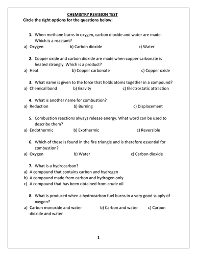 chemistry revision test questions for year 9 10 with