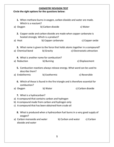 CHEMISTRY REVISION TEST QUESTIONS FOR YEAR 9, 10 WITH ANSWERS