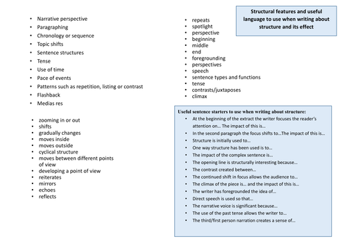 Lang Paper 1, q3 structural features guidance sheet