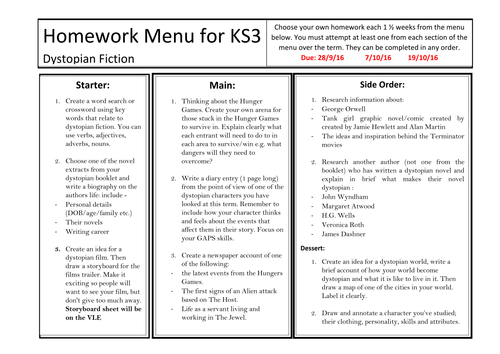 Homework menu for dystopian fiction KS3