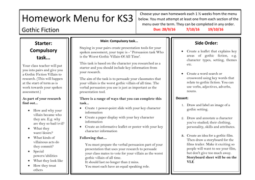 Gothic fiction HWK menu KS3