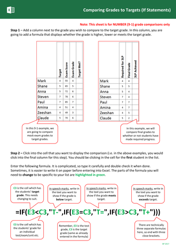 MS Excel - Tracking Student Data - IF Statements to Compare target to grades; teacher instructions