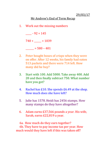 End of term recap MASTERY adding subtracting division and multiplication