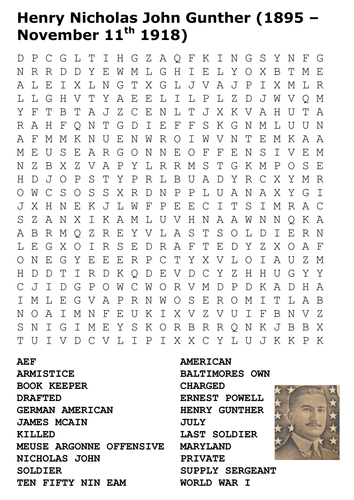 Henry Gunther Last Soldier Killed in World War One Word Search