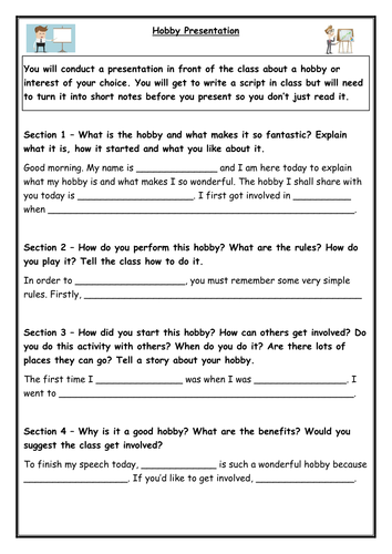 Hobby Presentation/Speech - Writing Frame for Year 7