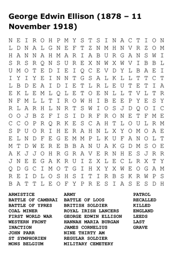 George Edwin Ellison Last British Soldier Killed in World War One Word Search