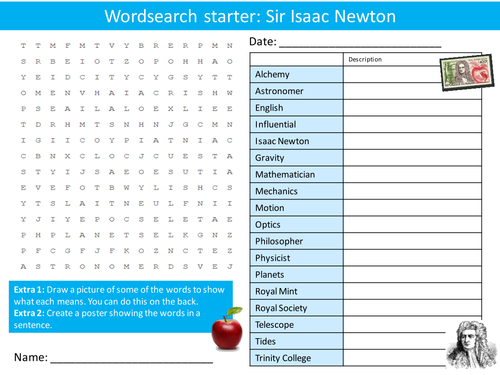 Scientist Isaac Newton 6 x Starters Wordsearch Crossword Anagram Alphabet Keyword Starter Cover