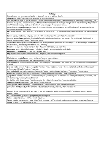 Controlled Assessment Emergency Help-sheet on Holidays