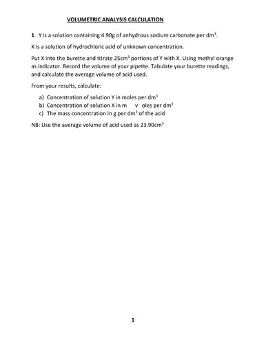 VOLUMETRIC ANALYSIS WORKSHEET WITH ANSWERS