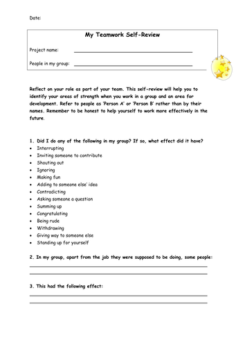 My Teamwork Self Review - Worksheet