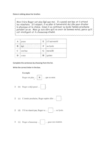 AQA GCSE French HIgher Reading. Topic Education. Spec 4655