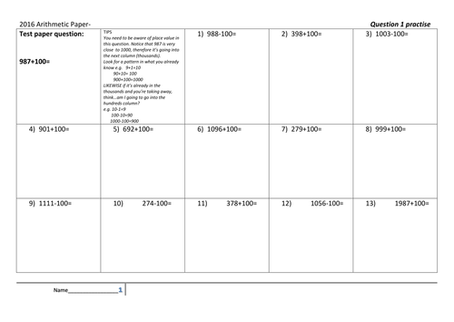 SATs Arithmetic Paper Practise-Based on Q1-13 of 2016 SATs (with answers)