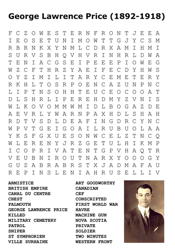 George Lawrence Price Last Canadian Soldier Killed in WW1 Word Search