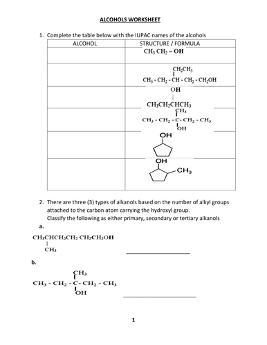 Alcohol Worksheet With Answers Teaching Resources