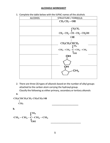 ALCOHOL WORKSHEET WITH ANSWERS
