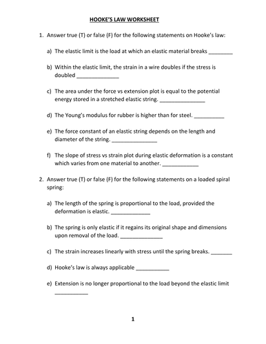 HOOKE'S LAW WORKSHEET WITH ANSWERS