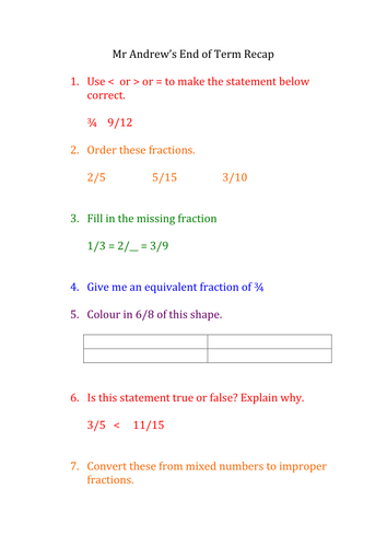 End of term recap fractions decimals and some percentages