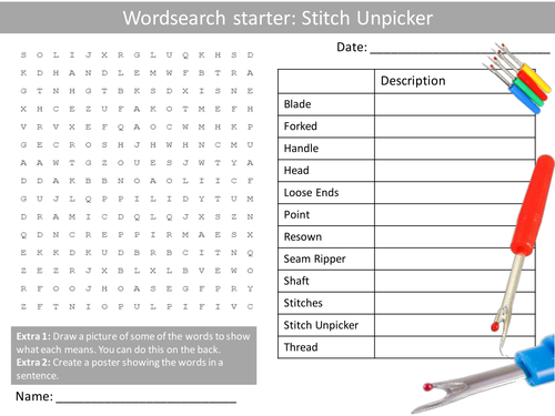 Design Technology Textiles Tools Seam Ripper Stitch Unpicker Wordsearch Crossword Alphabet Starter