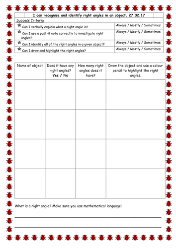 Introduction to Recognising and identifying Right angles -  worksheet - Year 3