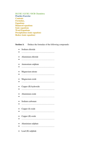 Balancing and Ionic Equations-Practice Exercise-GCSE / OCR/ AP Chemistry