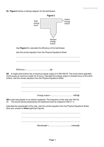 Physics (AQA P1) Calculations revision - using the equation sheet! (Standard questions for F tier)