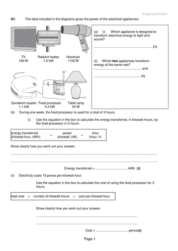 Electrical Energy Revision Calculations (based on P1 AQA)