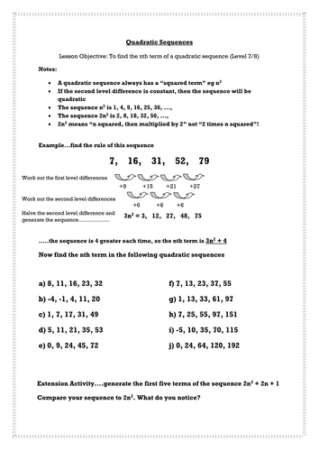 Generating Quadratic Sequences - Investigation