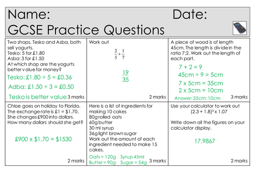 GCSE Foundation Maths - New specification - Practice Questions - Number Calculator (Retention)