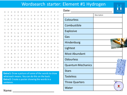 Science Element 1 Hydrogen 6 x Starters Wordsearch Crossword Anagram Alphabet Keyword Starter Cover
