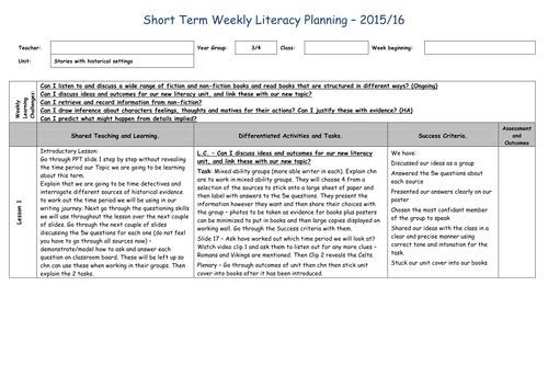 Stories with historical settings week 1 planning