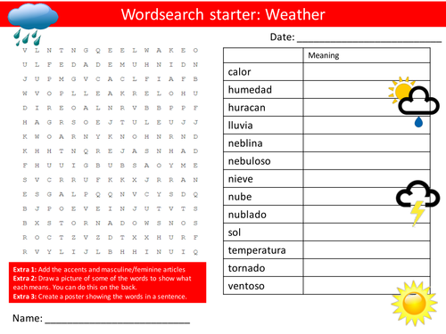 Spanish Weather Keyword Wordsearch Crossword Anagrams Keyword Starters Homework Cover