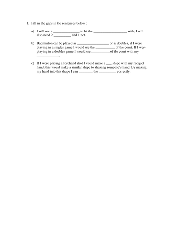 Badminton - non doer / non participant worksheet