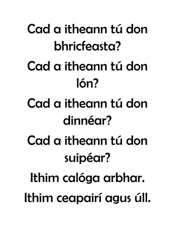 Gaeilge: Bia, Feidhmeanna Teanga, labhairt, leitheoireacht,