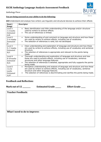 Edexcel IGCSE English Language Assessment Feedback Sheets 2016 onwards