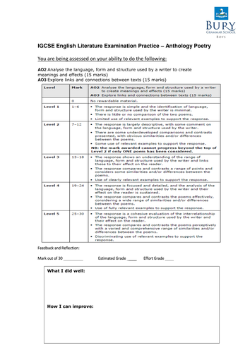 Edexcel IGCSE English Literature  Assessment Feedback Sheets