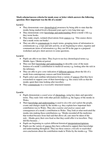 KS3 History: Success criteria/mark scheme for essay title: How important was the life of a monk?