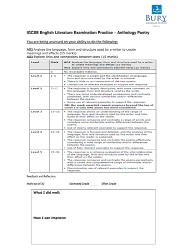 Edexcel IGCSE English Literature Assessment Feedback Sheets
