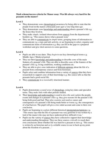 KS3 HISTORY: SUCCESS CRITERIA/ MARK SCHEME FOR LIFE ON THE MANOR ESSAY. AfL technique.