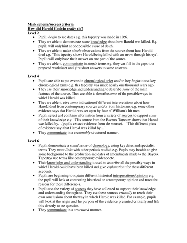 KS3 HISTORY: MARK SCHEME/SUCCESS CRITERIA FOR SOURCE WORK ON HAROLD GODWINSON