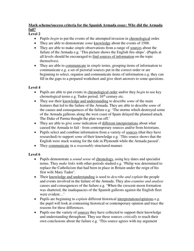 SPANISH ARMADA: SUCCESS CRITERIA/MARK SCHEME FOR ESSAY ON WHY ARMADA FAILED. KS3.