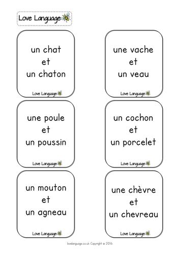 French Living Things - Adult and baby animals vocabulary cards