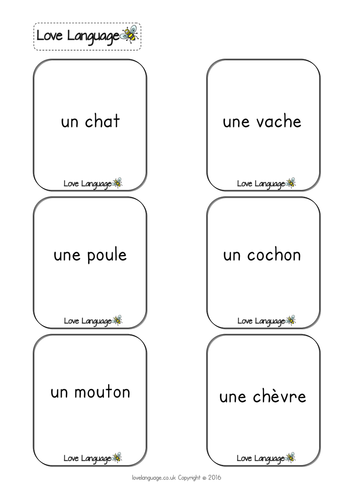 French Living Things - Animals and their babies matching vocabulary cards