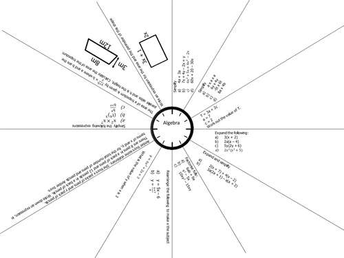 GCSE Foundation revision clock and mat. Algebra:expressions, substitution, expanding and factorising