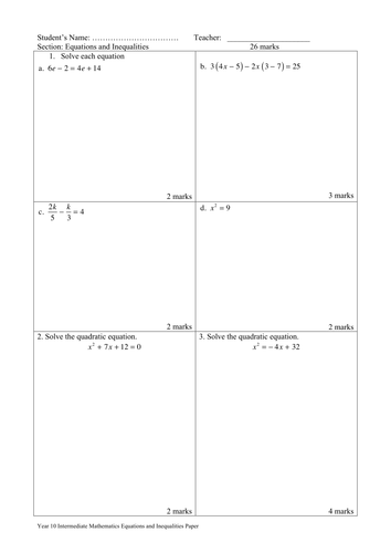 Year 10 Equations Inequalities Intermediate NSW