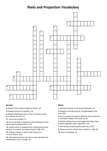 Ratio and Proportion Vocabulary Wordsearch and Crossword