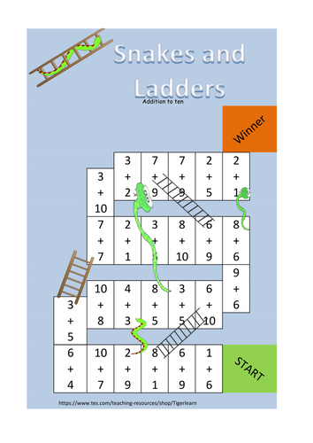 Snakes and Ladders game to practise addition (up to 10 or up to 100)